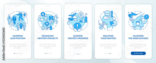 Ethical issues in mentoring blue onboarding mobile app screen. Walkthrough 5 steps editable graphic instructions with linear concepts. UI, UX, GUI template. Myriad Pro-Bold, Regular fonts used