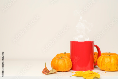 A cup of hot autumn drink coffee or tea with pumpkins and fall decor on an empty white background. 