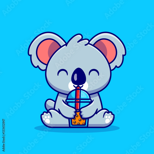Photography Cute Koala Drink Boba Milk Tea Cartoon Vector Icon Illustration