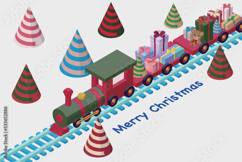 ツリーの森の中をプレゼントを運ぶクリスマスカラーのSL列車のアイソメトリックイラスト.