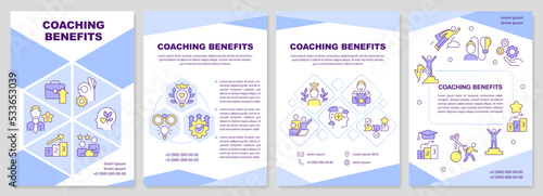 Coaching benefits blue brochure template. Achieve career goals. Leaflet design with linear icons. Editable 4 vector layouts for presentation, annual reports. Arial-Black, Myriad Pro-Regular fonts used