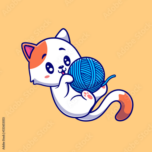 Cute Cat Playing Yarn Ball Cartoon Vector Icon Illustration. Animal Nature Icon Concept Isolated Premium Vector. Flat Cartoon Style
