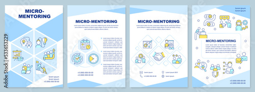 Micro-mentoring blue brochure template. Workplace coaching. Leaflet design with linear icons. Editable 4 vector layouts for presentation, annual reports. Arial-Black, Myriad Pro-Regular fonts used