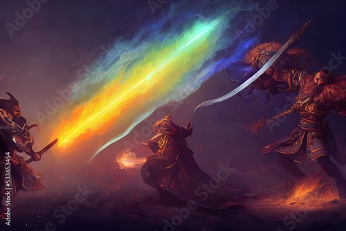 magic duel fantasy illustration, wizard vs warlock
