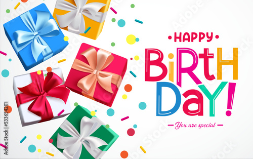 Birthday gifts vector background design. Happy birthday text with colorful gift boxes and sprinkles floating in white space for birth day greeting card decoration. Vector illustration.
