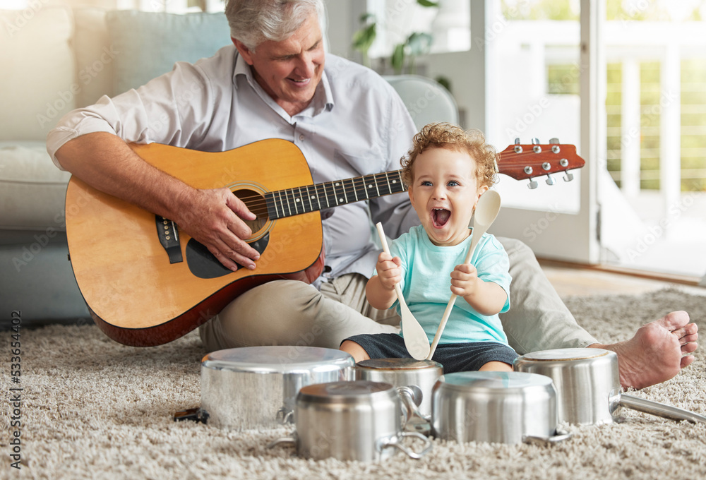 Music, pots and baby drummer with old man on living room floor with pan and wooden spoon instruments with his guitar. Memory, smile and senior grandparent enjoys time with a happy grandchild - obrazy, fototapety, plakaty 