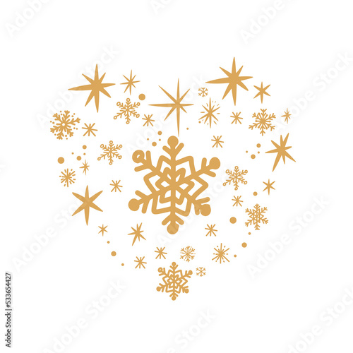 Cute heart shape made by snowflakes in doodle vector style.