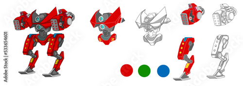 Vector illustration of  fighter robot with separate components isolated on a white background, suitable for animation and game design.