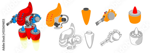 Vector illustration of  fighter robot with separate components isolated on a white background, suitable for animation and game design.