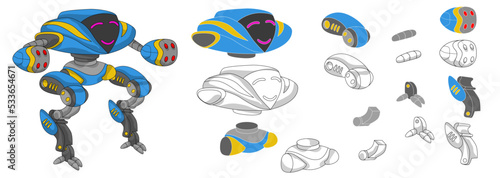 Vector illustration of  fighter robot with separate components isolated on a white background, suitable for animation and game design.