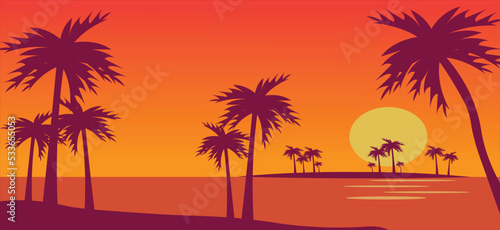 trees island at sunset on the beach.vector ilustration