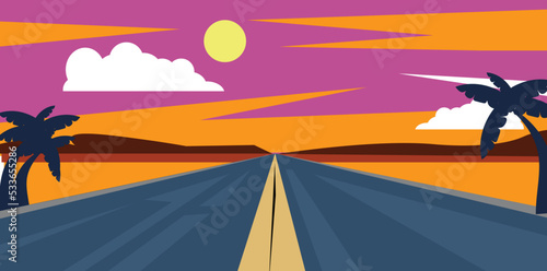 Landscape route on road in California desert with with sun and clouds. vector illustration.