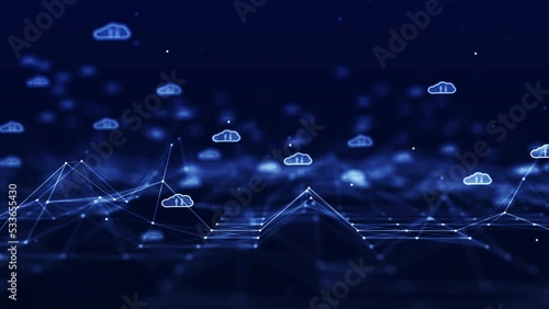 Cloud computing technology concept for data transfer to storage system. Slow motion white cloud icon over polygon on dark blue background. photo