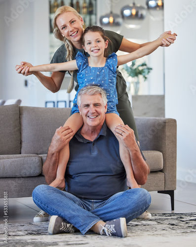 Mother, girl or grandfather in fun family portrait in house living room or home interior and bonding in playful game. Smile, happy or trust man and woman with children or kids on floor by lounge sofa