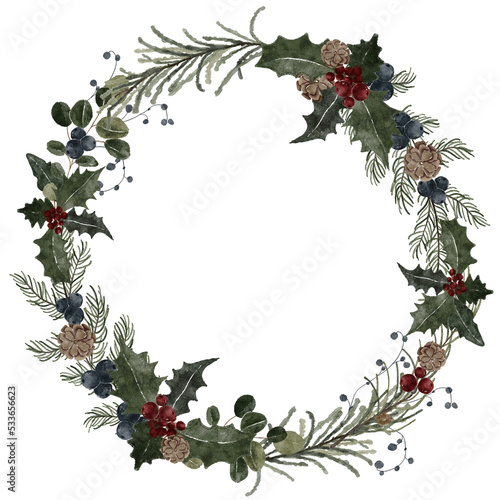 Watercolor Christmas wreath illustration. Winter floral berry flower greenery wreath. Christmas botanical delicate frame