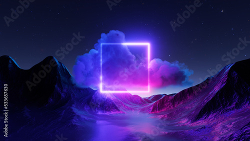 3d rendering. Abstract fantastic neon background. Terrain landscape with glowing square frame, stormy cloud and mountains at night