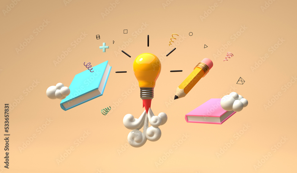 Light bulb flying to the sky like a rocket - Educational theme - 3D render