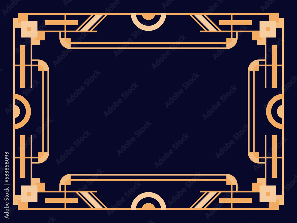 Art deco frame. Vintage linear border. Design a template for invitations, leaflets and greeting cards. Geometric golden frame. The style of the 1920s - 1930s. Vector illustration