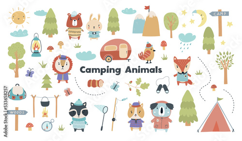 A cute set with camping, forest animals, scout badges, tents and more. Vector illustration.