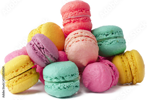 Obraz na plátně Pile of colorful macaroons isolated on white background, close up