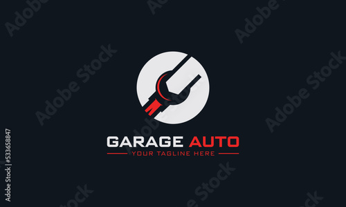 Auto Car garage and letter G design logo. Overhaul service vector, sign, symbol or icon. Logo with tool for mechanical service. Car repair maintenance tool for the masters at home.