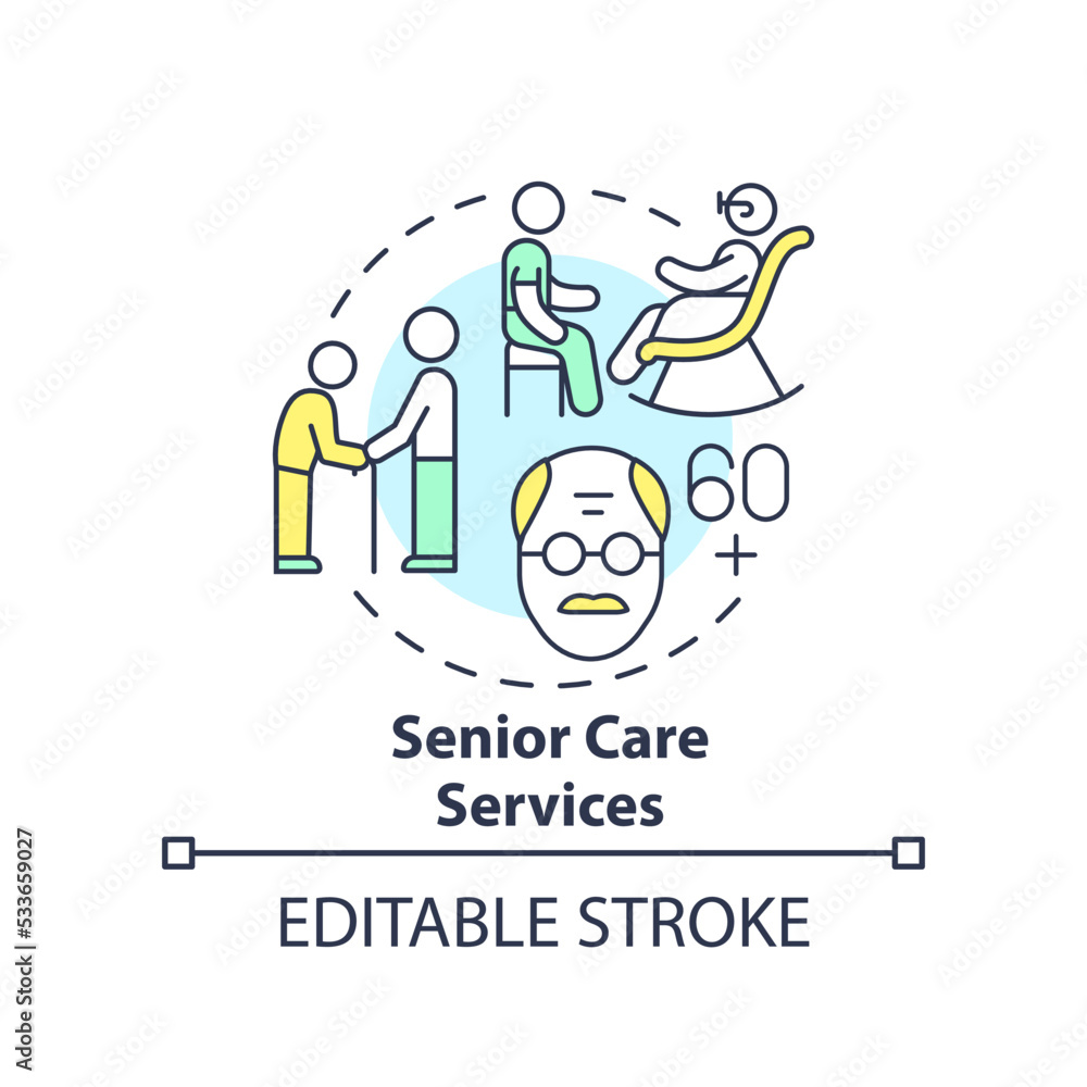 Senior care services concept icon. Elderly people. In demand small business type abstract idea thin line illustration. Isolated outline drawing. Editable stroke. Arial, Myriad Pro-Bold fonts used