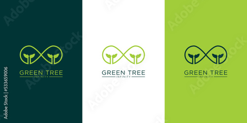 Infinity and nature tree logo set. Green tree, nature green tree logo, infinity green tree logo - ecology and environment, agriculture and industry icons.