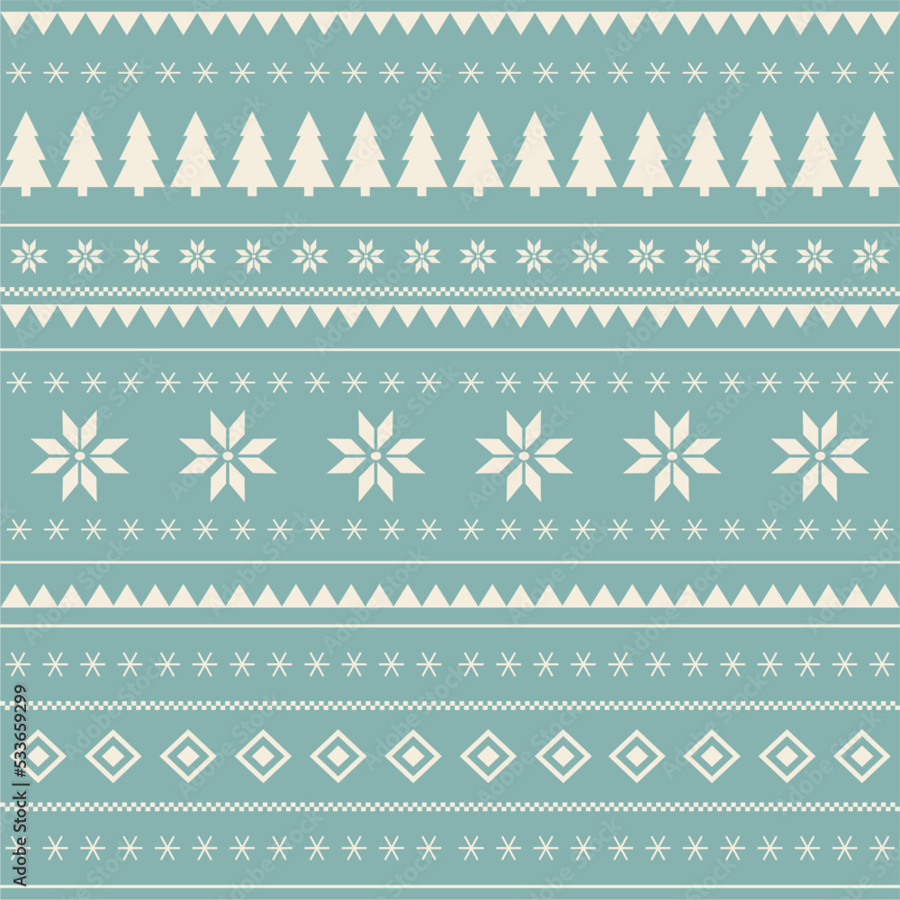 Christmas and New Year seamless pattern. Flat knitting pattern, Fair Isle in red and white with Scandinavian snowflakes and Christmas trees for winter hat, sweater, jumper, paper or other designs.