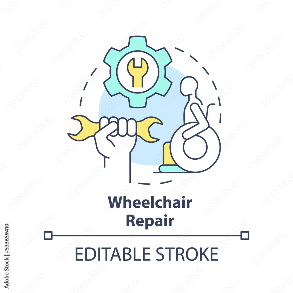 Wheelchair repair concept icon. Healthcare device. In demand small business idea abstract idea thin line illustration. Isolated outline drawing. Editable stroke. Arial, Myriad Pro-Bold fonts used Wheelchair repair concept icon. Healthcare device. In demand small business idea abstract idea thin line illustration. Isolated outline drawing. Editable stroke. Arial, Myriad Pro-Bold fonts used