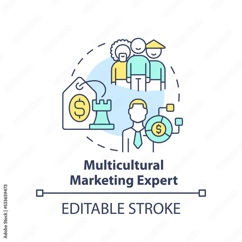 Multicultural marketing expert concept icon. In demand small business idea abstract idea thin line illustration. Isolated outline drawing. Editable stroke. Arial, Myriad Pro-Bold fonts used Multicultural marketing expert concept icon. In demand small business idea abstract idea thin line illustration. Isolated outline drawing. Editable stroke. Arial, Myriad Pro-Bold fonts used