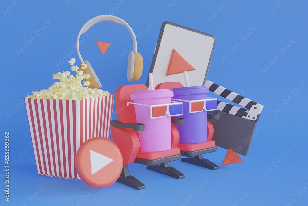 Naklejka premium 3d render of red cinema chair with popcorn,clapboard and reel . Cinema chair Soft drinks and popcorn among the colorful balls on the purple background. 3d rendering. 