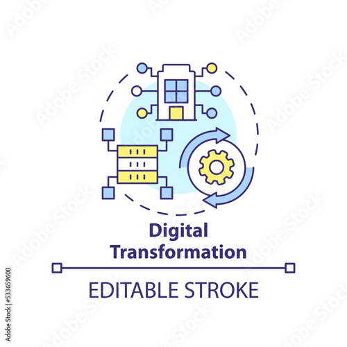 Digital transformation concept icon. IT modernization. Business trend abstract idea thin line illustration. Isolated outline drawing. Editable stroke. Arial, Myriad Pro-Bold fonts used