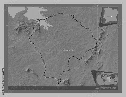 Yamoussoukro, Cote d'Ivoire. Grayscale. Labelled points of cities photo