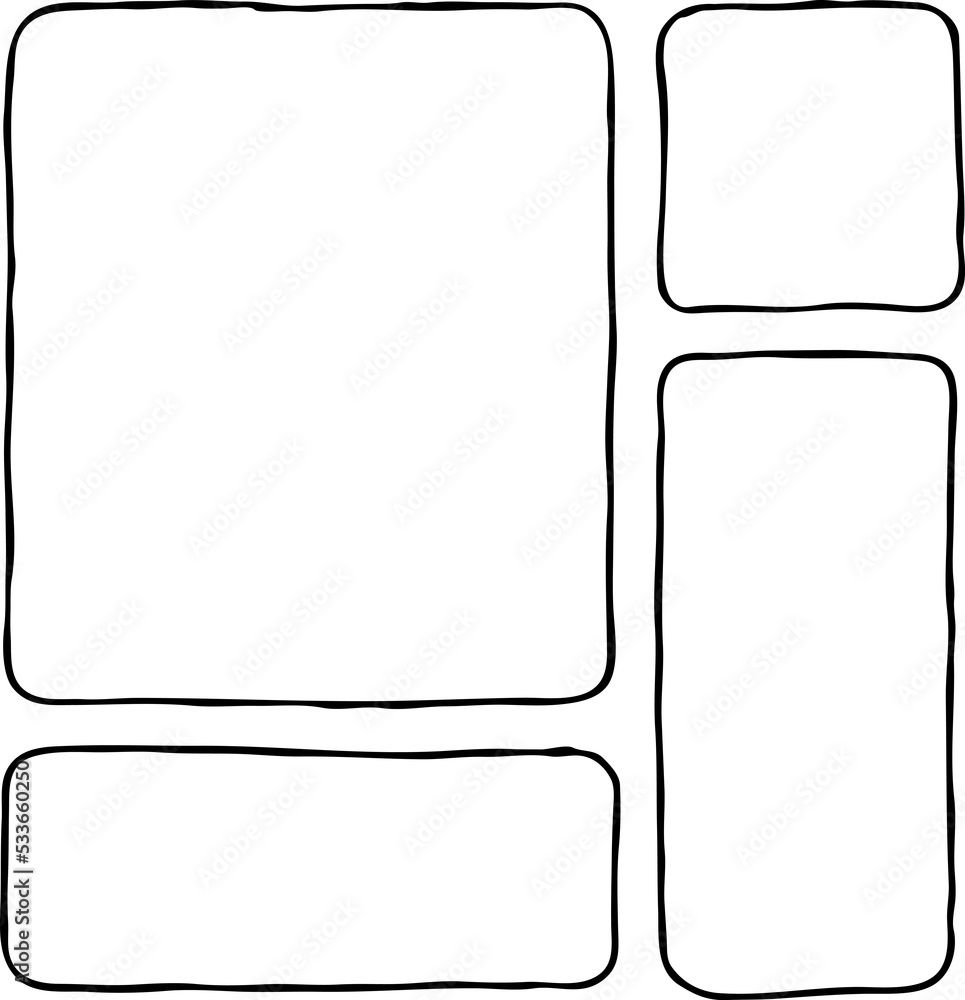 Comic page composition for backdrop layout. Black line graphic hand drawn illustration. Information box space for text, pictures, design. Decorative element borders vintage style hand drawing. Comic page composition for backdrop layout. Black line graphic hand drawn illustration. Information box space for text, pictures, design. Decorative element borders vintage style hand drawing.