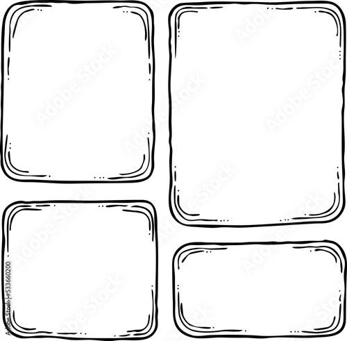 Comic page composition for backdrop layout. Black line graphic hand drawn illustration. Information box space for text, pictures, design. Decorative element borders vintage style hand drawing.