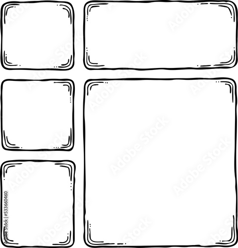 Comic page composition for backdrop layout. Black line graphic hand drawn illustration. Information box space for text, pictures, design. Decorative element borders vintage style hand drawing.