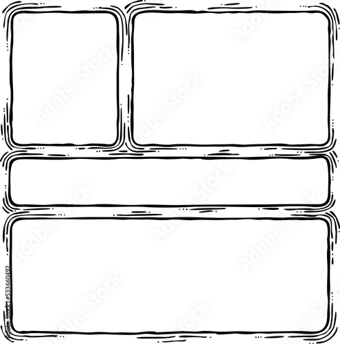 Comic page composition for backdrop layout. Black line graphic hand drawn illustration. Information box space for text, pictures, design. Decorative element borders vintage style hand drawing.