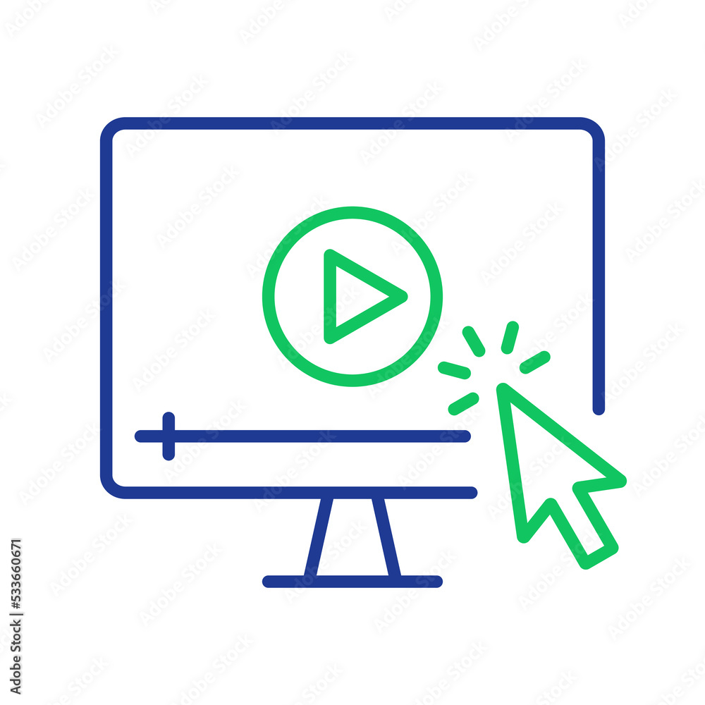 Video Tutorials Line Icon. Video Player with Mouse Pointer Linear Icon. E-learning and Online Education concept. Distant Education and Online Webinar pictogram. Editable stroke. Vector illustration