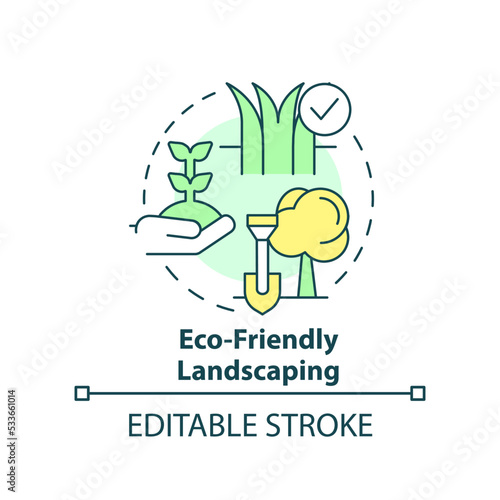 Eco friendly landscaping concept icon. Plants care service. Green business idea abstract idea thin line illustration. Isolated outline drawing. Editable stroke. Arial, Myriad Pro-Bold fonts used