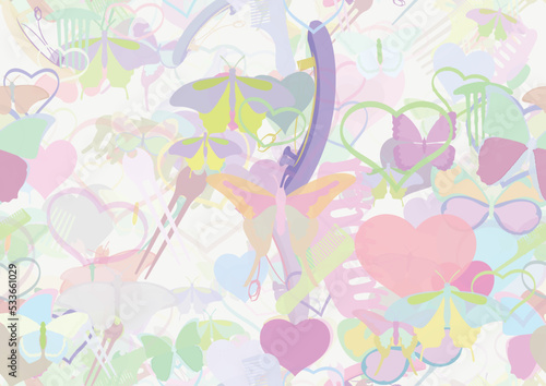 Background pattern abstract seamless design texture. Pastel. Theme is about bobby pin, claw, drawing, Red Admiral