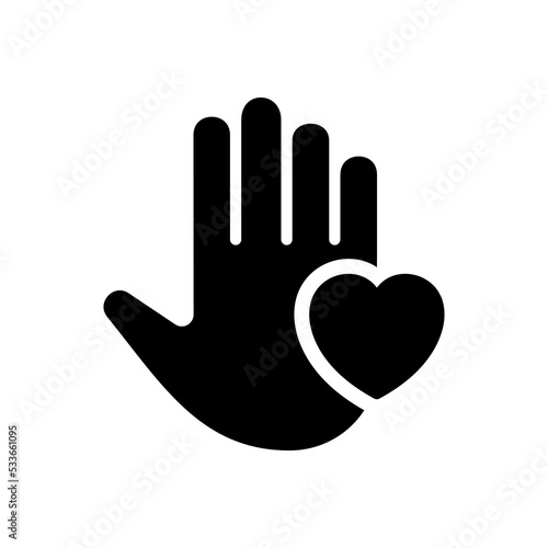 Palm of Hand and Heart Silhouette Icon. Symbol of Volunteering Black Pictogram. Charity and Donation Concept. Shape of Heart and Hand Icon. Isolated Vector Illustration