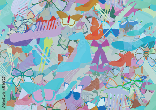Background pattern abstract seamless design texture. Theme is about bobby pin, embellishment, ornate, slingback shoes