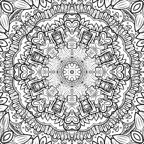 Seamless tile texture. Tracery mehndi design image. Binary monochrome black and white. Ethnic doodle art. Curved doodling picture. Vector