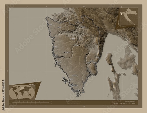 Istarska, Croatia. Sepia. Labelled points of cities photo