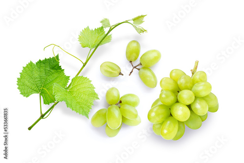 Green grape with green leaf and half slice isolated on white background.