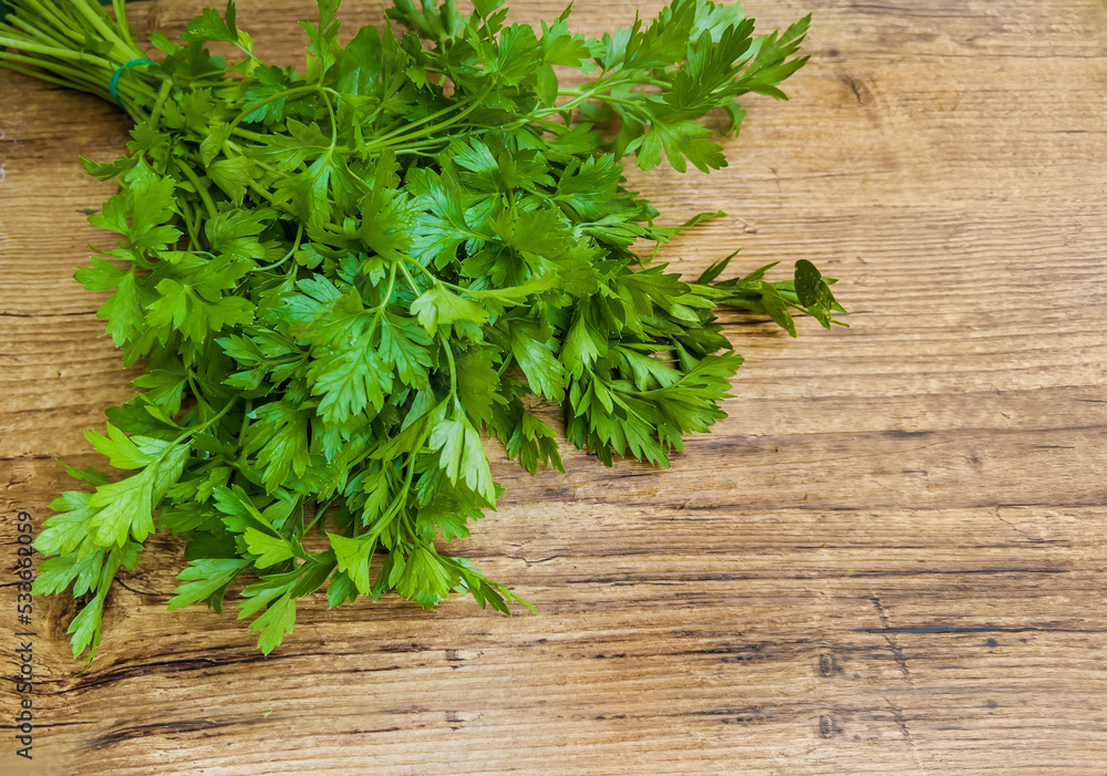 Fresh green parsley on wooden background Fresh green parsley on wooden background