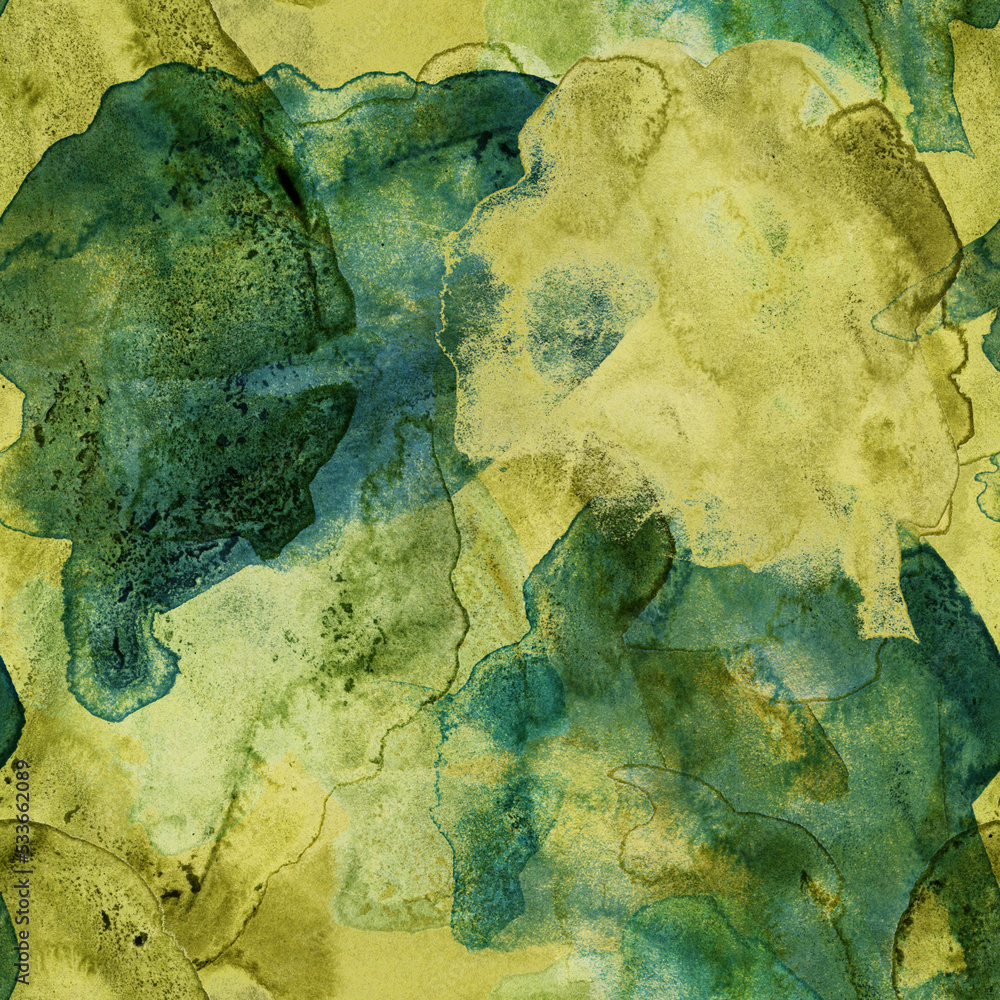 Seamless pattern illustration of watercolor splotches in warm bright yellow and green colors. Surface design element in repeating square tile.