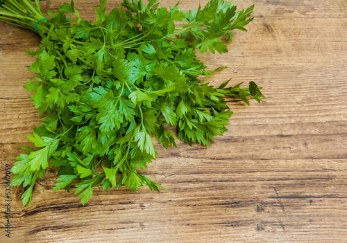 Fresh green parsley on wooden background 