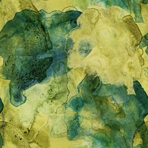Obraz na płótnie Seamless pattern illustration of watercolor splotches in warm bright yellow and green colors. Surface design element in repeating square tile. w salonie