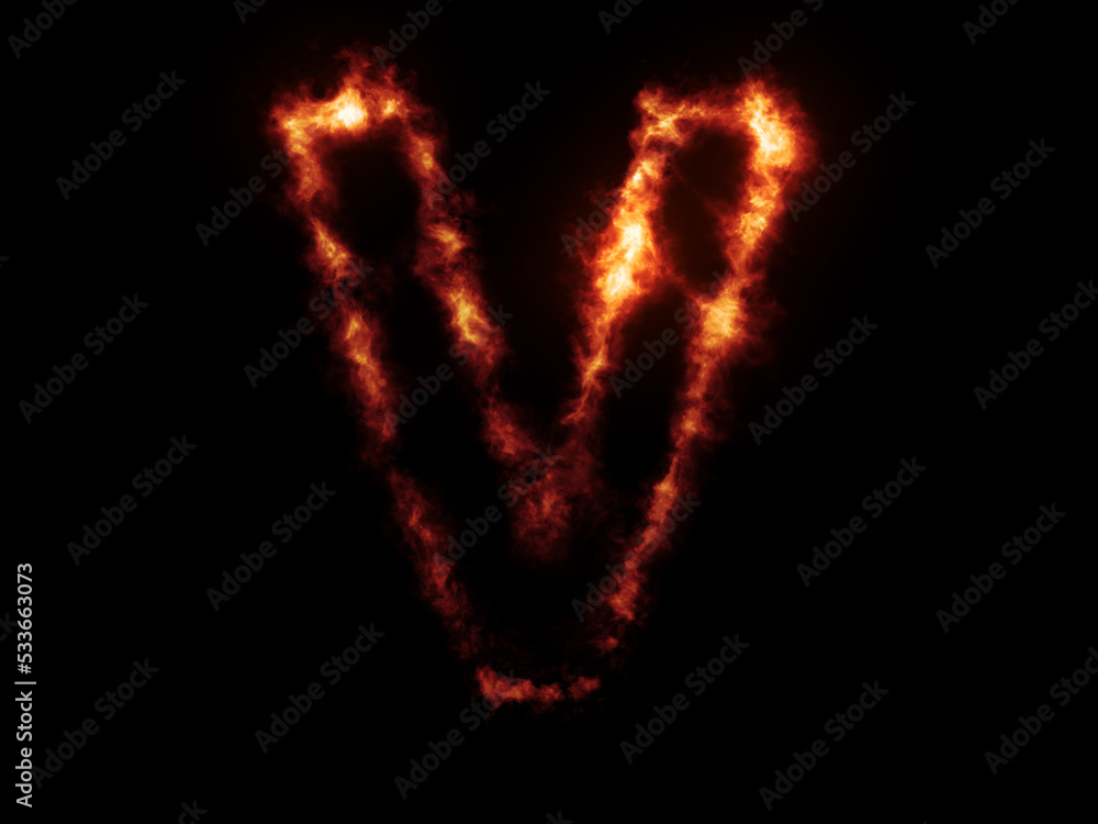 Flame Fonts. Letter V covered in fire
